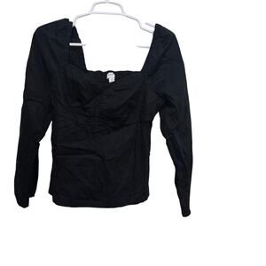 J.Crew Black Smocked Puff Sleeve Top Square Neck Blouse Size 2